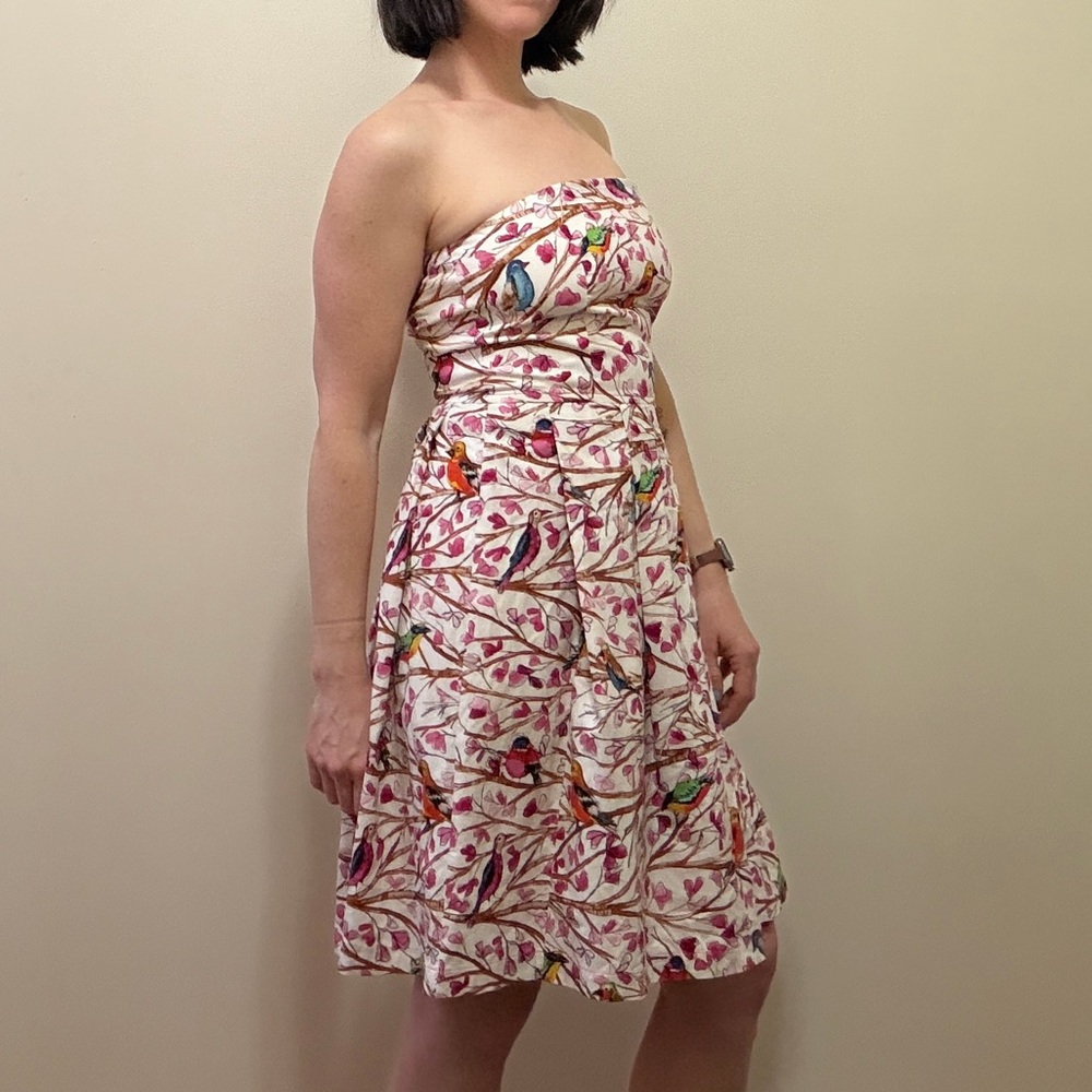 Beebop & Wally NY Vintage 100% Cotton Bird Print Strapless Dress - S
